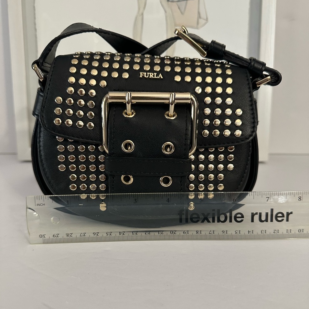 FURLA Studded Black Leather Mini Crossbody Bag Made In Italy Gold Tone Studs - Picture 16 of 17